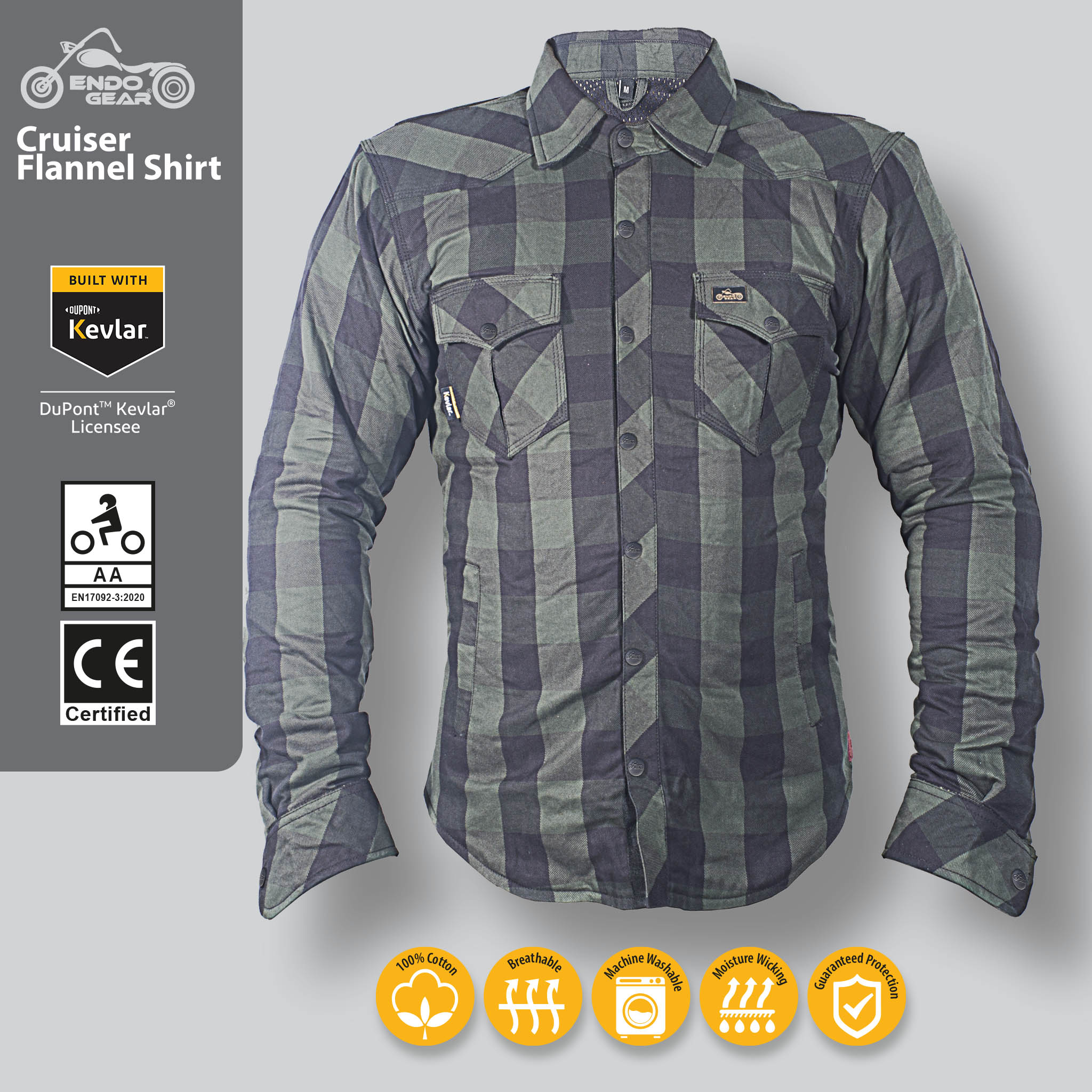 New Motorcycle Flannel Shirt built with Kevlar® with Free CE Armour Pads - Green/Black